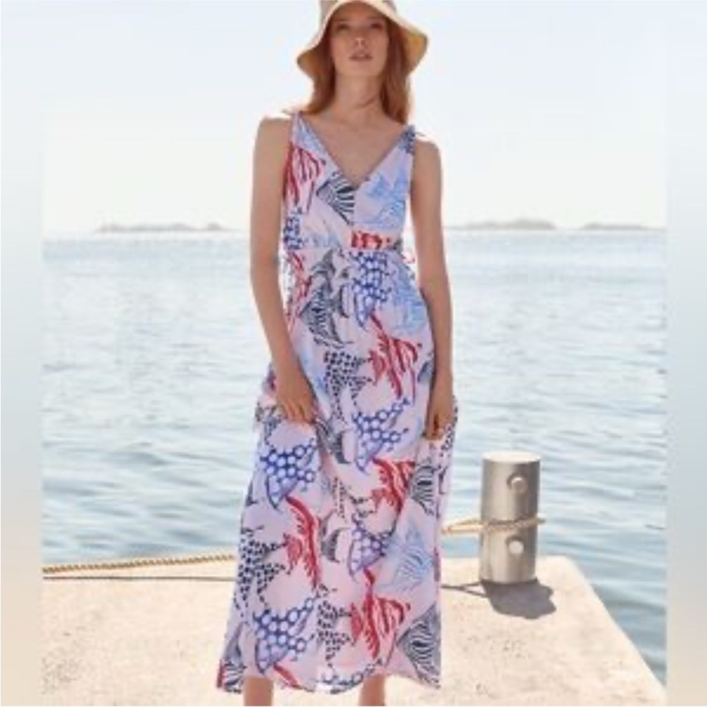 Loft NWT Maxi Dress, Double Fish Print, Spaghetti Straps, XL, Red + Blue - Picture 3 of 15